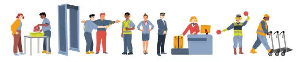 Vector illustration of Airport staff, pilot, stewardess, security workers