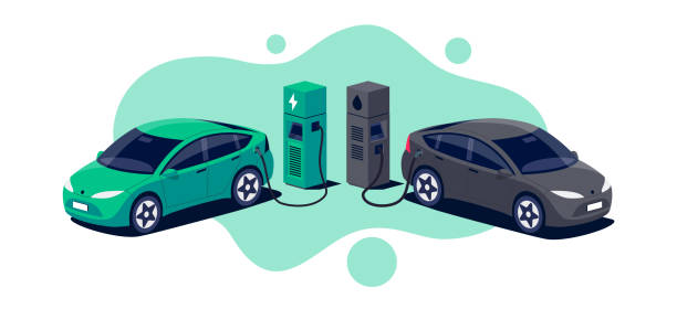 Comparing electric vehicle versus gasoline diesel car suv. Comparing electric car versus gasoline diesel car suv. Electric vehicle charging at charger stand vs. fossil car refueling petrol gas station. Front isometric view. Isolated on white background. supercharged engine stock illustrations