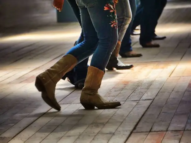 Photo of Closeup shot of the legs of traditional western folk dancing under the music