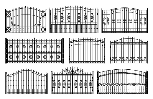 Mansion iron gates. Victorian steel fence, park or mansion metal retro entrance. Iron lattice, victorian manor forged gates with floral decor vector silhouettes collection