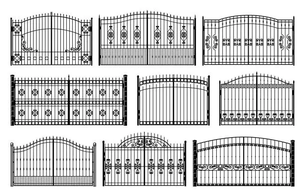 Vector illustration of Mansion iron gates, metal fence grates collection