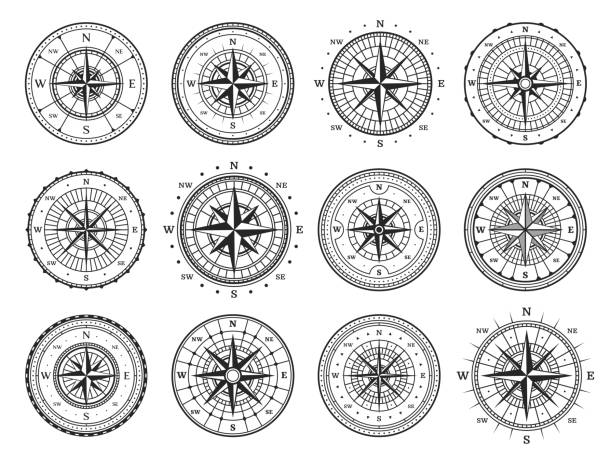 stary kompas, zabytkowa mapa kierunków róży wiatrów - compass travel symbol planning stock illustrations