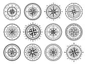 istock Old compass, vintage map wind rose directions 1449553359