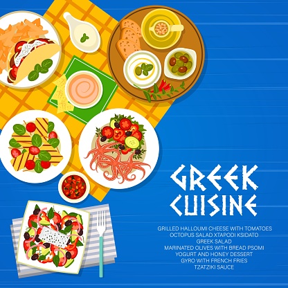 Greek cuisine menu cover, Greece food with Mediterranean salads, vector. Greek cuisine cheese, tzatziki and dinner plates, Greece authentic restaurant traditional halloumi and gourmet seafood lunch