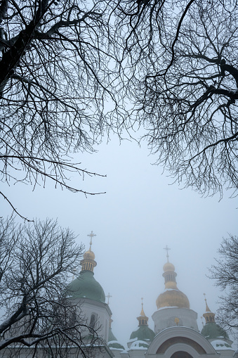 Kyiv, Ukraine - December 8, 2022: Misty winter afternoon at St. Sophia's Catehdral in Kyiv.