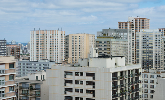 Aerial view of the residential area of Beleville in Paris with light-colored buildings for housing.