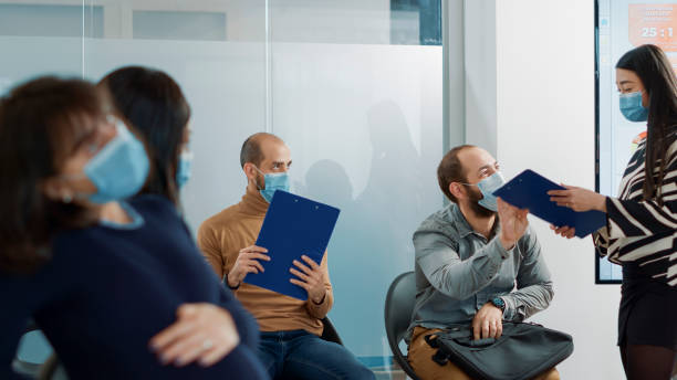 istock Nervous man being asked to join job interview with HR employee 1449559169