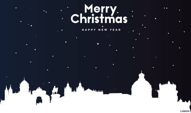 ilustrações de stock, clip art, desenhos animados e ícones de christmas and new year dark blue greeting card with white panorama of lisbon - natal lisboa