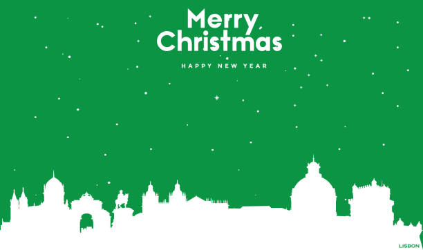 ilustrações de stock, clip art, desenhos animados e ícones de christmas and new year green greeting card with white panorama of lisbon - natal lisboa