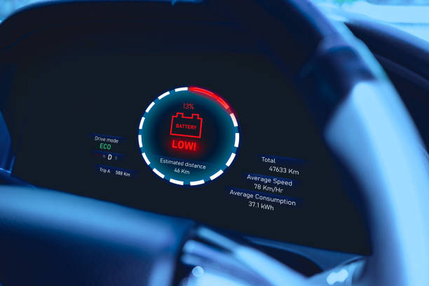 Low battery warning light on instrument panel of EV electric vehicle