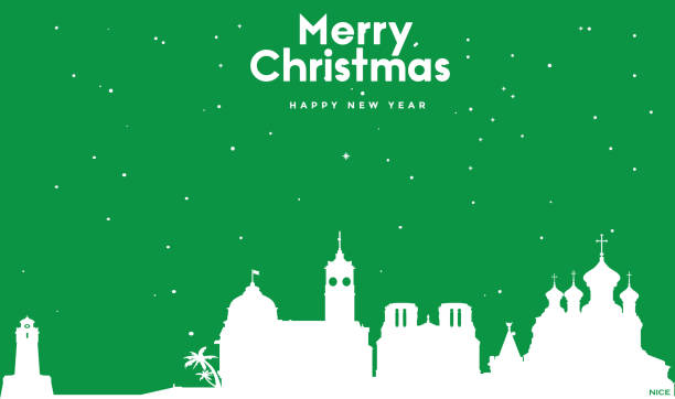 ニースの白いパノラマを持つクリスマスと新年の緑のグリーティングカード - city of nice night france snow点のイラスト素材／クリップアート素材／マンガ素材／アイコン素材