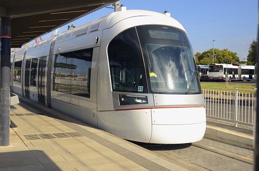 Bat Yam, Israel december 2022. Dankal metro tram. Tel Aviv light Rail. White locomotives on test drive. Metropolitan area in central Israel. Translate: Hakomemiyut