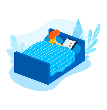 Girl bed, phone sleep concept, online tablet husband, night time relax, young slumber, design, cartoon style vector illustration.