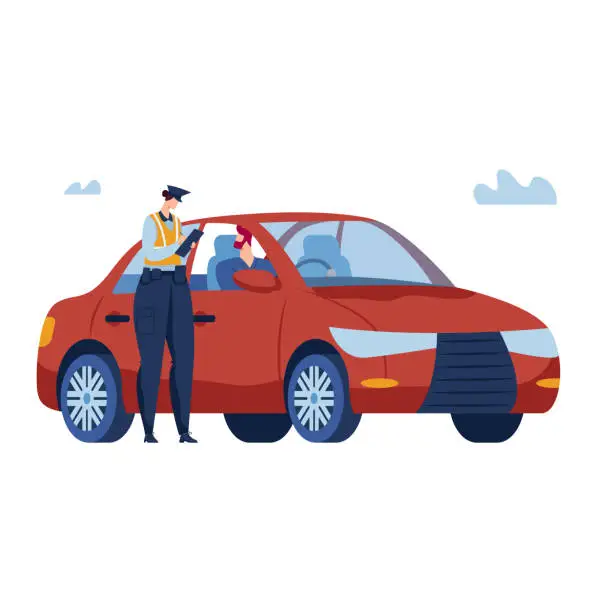 Vector illustration of Police check document, vehicle control, police officer man, isolated on white, design, in cartoon style vector illustration.