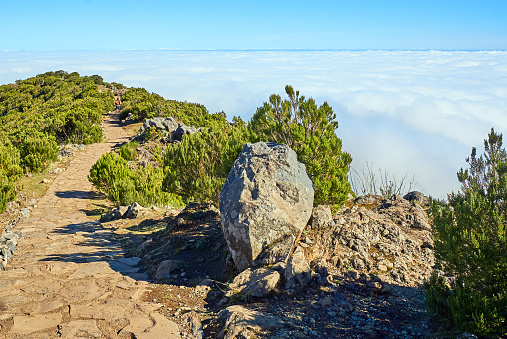 Pico Ruivo, Portugal - November 23, 2022: Hikers on Pico Ruivo in Madeira in November.