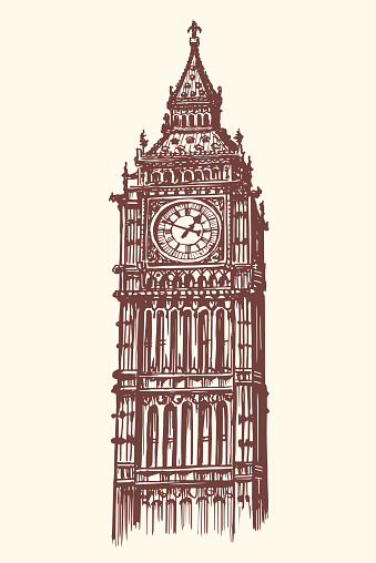 Big Ben tower symbol of London, England and Great Britain. Sketch vector illustration in vintage engraving style