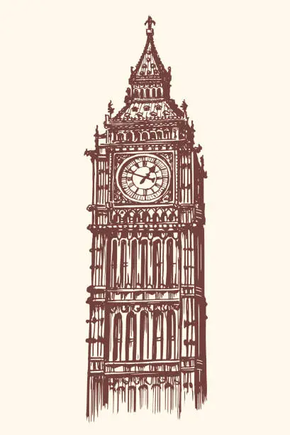 Vector illustration of Big Ben tower symbol of London, England and Great Britain. Sketch vector illustration in vintage engraving style