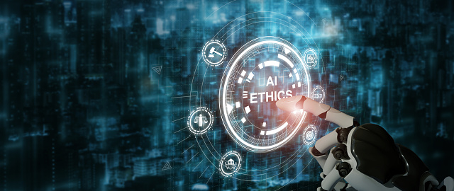 Ética de la IA o concepto de la Ley de la IA. Desarrollar códigos éticos de IA. Cumplimiento, regulación, estándar, política comercial y responsabilidad de protegerse contra sesgos no deseados en algoritmos de aprendizaje automático. photo