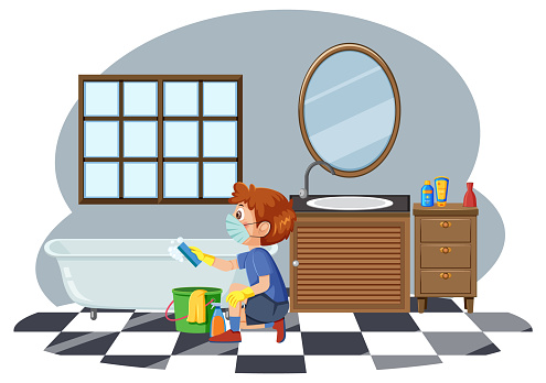 A boy cleaning bathroom illustration