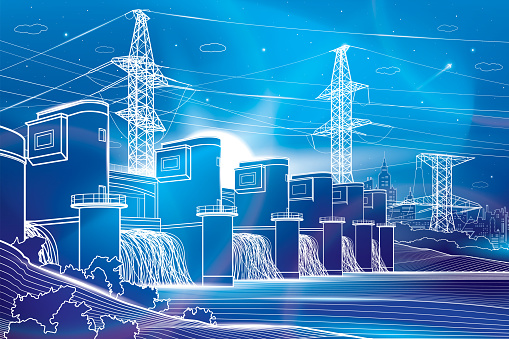 Hydro power plant. River Dam. Renewable energy sources. Neon glow. High voltage transmission systems. Electric pole. Power lines. City energy infrastructure industrial illustration. Vector design art