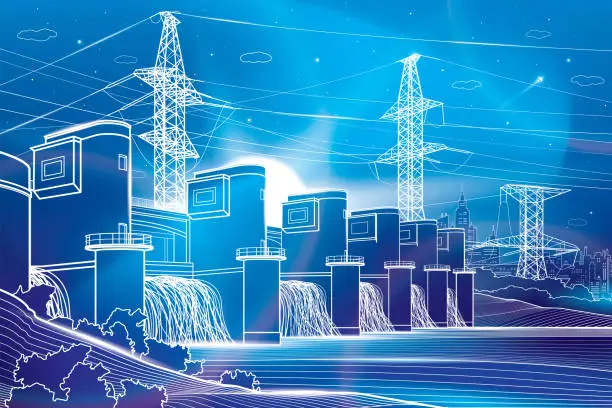 Vector illustration of Hydro power plant. River Dam. Renewable energy sources. Neon glow. High voltage transmission systems. Electric pole. Power lines. City energy infrastructure industrial illustration. Vector design art