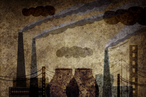 zanieczyszczenie fabryczne. - factory pollution smoke smog stock illustrations