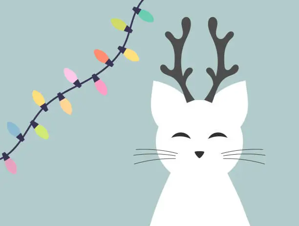 Vector illustration of Christmas cute funny cat reindeer and Christmas lights on blue background.