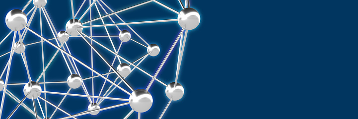 3D depiction of mesh data network concept: Geometrical structure made of lines and dots. Isolated abstract geometry shape of nodes connected. Futuristic background for complex neural artificial intelligence, cloud computing, security technology. Big data connection communication, copy space