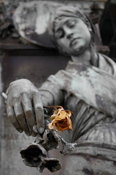 dead flor na mão de estátua por um acento grave - cemetery montmartre paris france france imagens e fotografias de stock