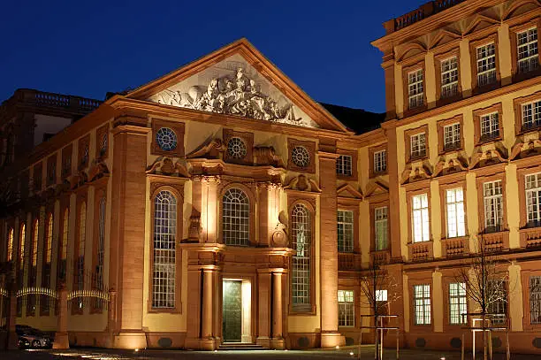 Dusk at the sparkling Baroque palace in Mannheim, Germany.