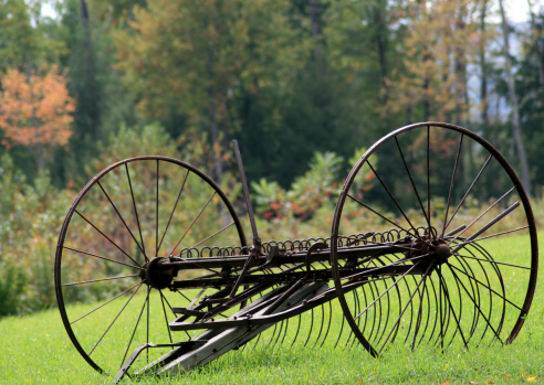 Used many years ago by the family that still owns the rustic farm in which this antique hay baler now sits as a lawn display. Foliage is just beginning to peak and with the different colors of the trees, it bring out more of the beauty and color of this antique machine of yesteryear.
