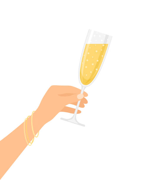 Female hand holding glass of sparkling champagne isolated on white background. Vector illustration in flat style Female hand holding glass of sparkling champagne isolated on white background. Vector illustration in flat style wristband illustrations stock illustrations