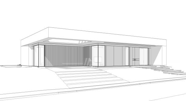 3d rendering of new concrete house in modern style black line on white background stock photo