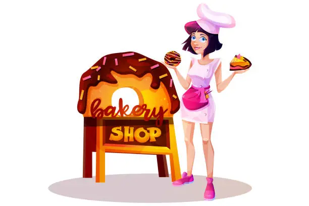 Vector illustration of Bakery in cartoon style. Beautiful young baker girl with bakery sign on isolated white background.