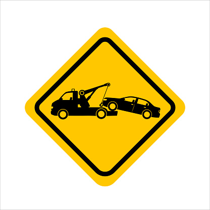Sign of a tow truck yellow in the form of a rhombus. Warning tow away zone sign. Towing truck van with car. Vector isolated flat illustration.