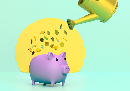 Abstract Watering the piggy bank with coins. Investment Concept.