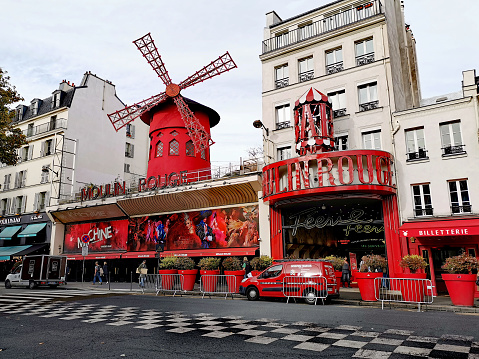 Paris, France. October, 2022. The famous Moulin Rouge cabaret seen on a sunny day.