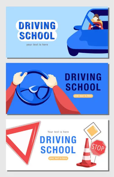 Vector illustration of Set of promo flyers for driving school, Getting a driver lisence, Person in the car, Traffic signs on the road.