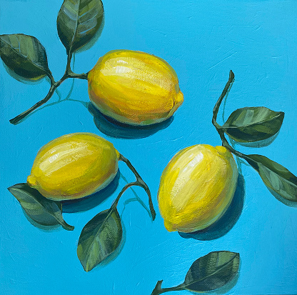 Three lemons on blue. The picture is painted on the finest quality pure cotton canvas,