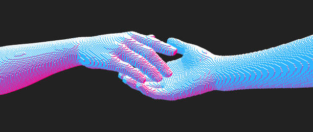 istock Hands reaching towards each other. Concept of human relation, togetherness or  partnership. Pixel cube art. 3D vector illustration. Can be used for advertising, marketing or presentation. 1449586591