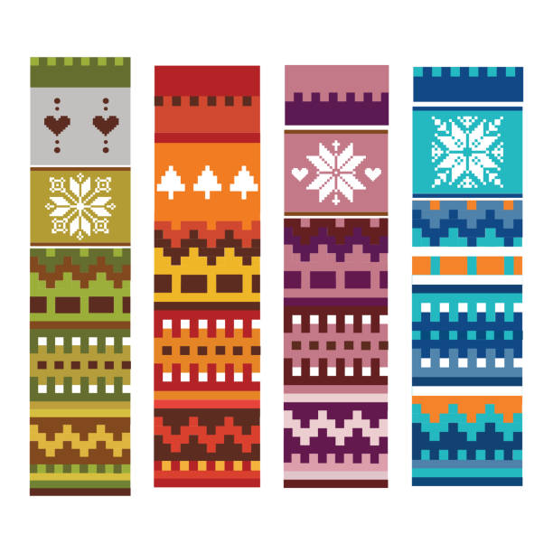 cztery różne wzory do pakowania papieru, przegroda na książki, wzór na skarpetki, motywy etniczne na sweter z dzianiny. - wool scarf backgrounds knitting stock illustrations