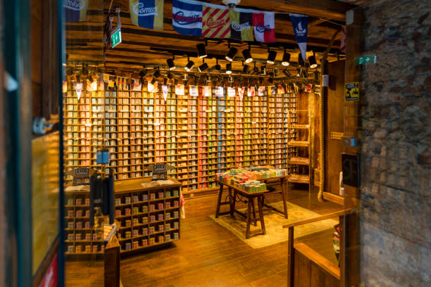 Lisbon, Portugal - November 01, 2022: Looking through the entrance into one of the famous sardines shops of Lisbon