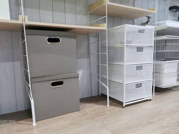 istock Home storage boxes and white steel grid drawers used for storage. 1449592693