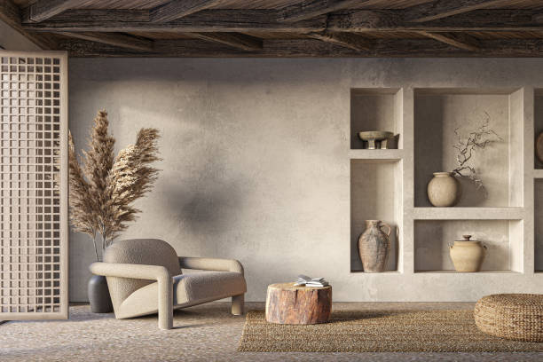 istock Wabi sabi living room interior. Interior mockup, 3d render 1449592883