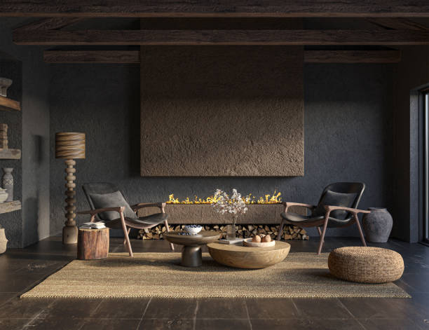 istock Minimalist living room interior with dark walls and modern fireplace. Interior mockup, 3d render 1449592973