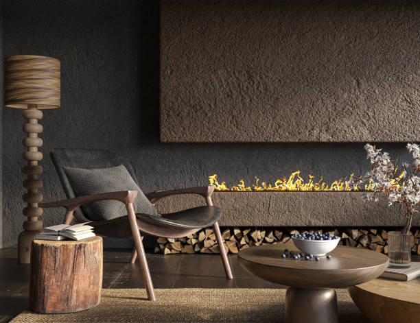 Interior of a Wild West styled house. The living room  with fireplace.