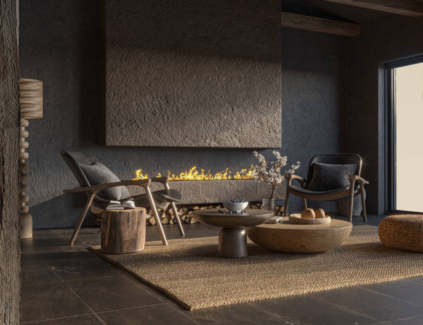 istock Minimalist living room interior with dark walls and modern fireplace. Interior mockup, 3d render 1449592997