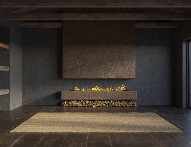istock Minimalist living room interior with dark walls and modern fireplace. Interior mockup, 3d render 1449593019