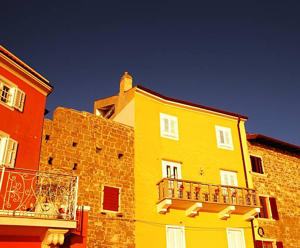 String of colourful houses in Piran stock photo