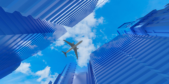 Airplane flying over modern city skyscrapers in business financial district with tall buildings. Air traffic in global capital cities around the world. Blue 3D illustration backgrund with copy space. Travel poster, advertisement template.